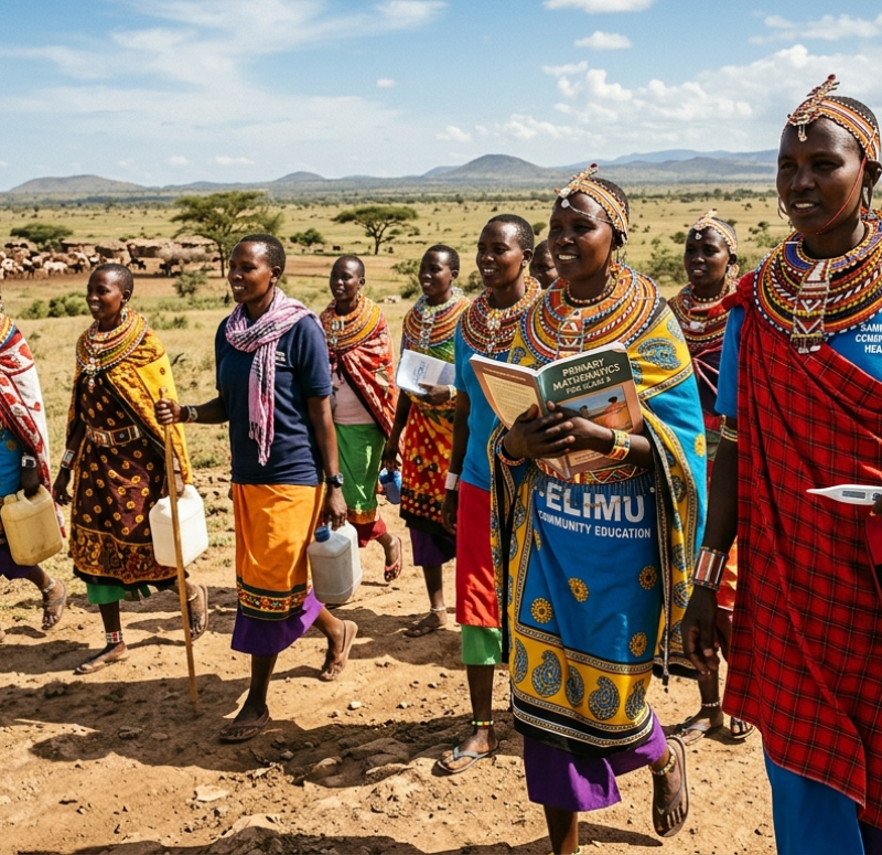 a group of pastoralist women walking together with determination across an African semi-arid landscape